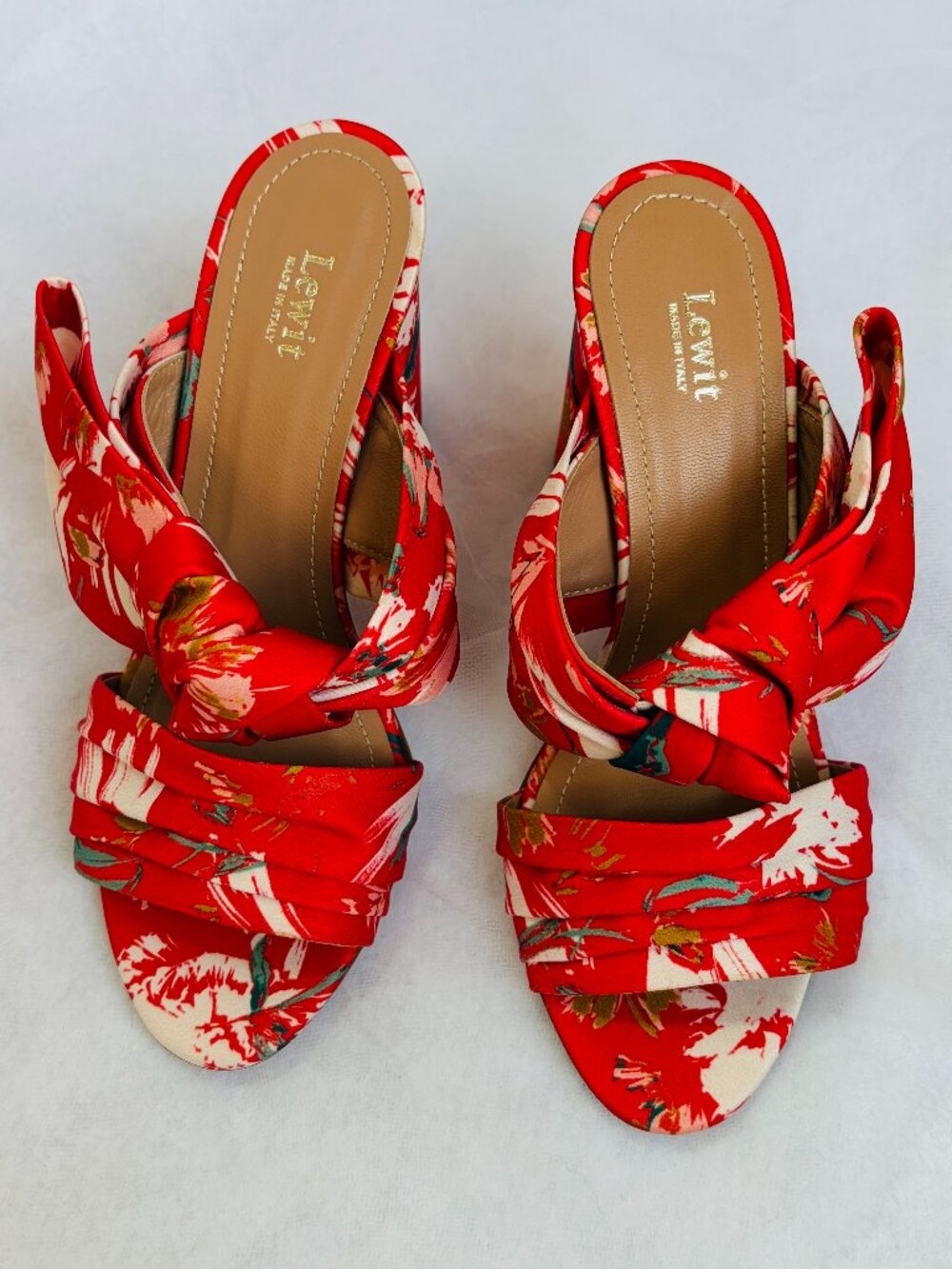 NWOB Lewit Rosa Floral Print Bow Mule Pump Block Heel Red Satin -Size 6 (35 1/2)